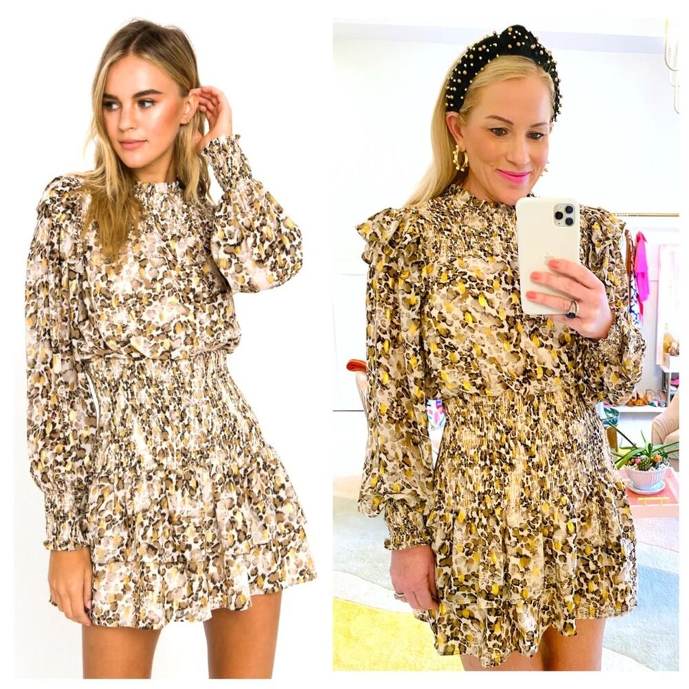 NWT Leopard Print with METALLIC GOLD Dots Smocked Ruffle Dress Size Large